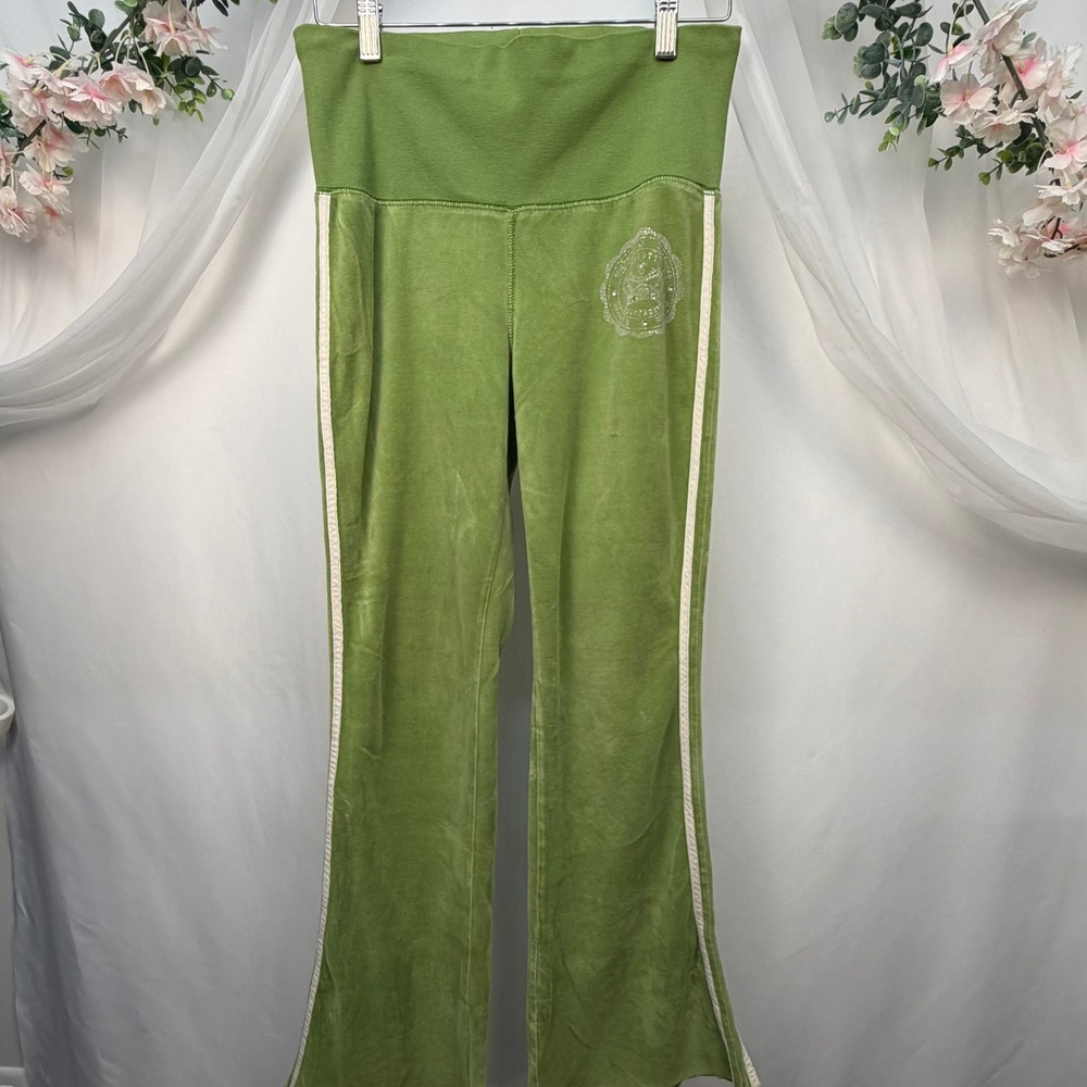Mossimo Green Velour Track Pants Flare Leg Y2K High Waist Yoga Joggers Womens S